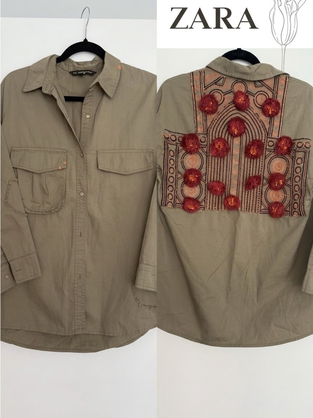 Zara TRF Boho Embroidered Shacket with Pom Poms